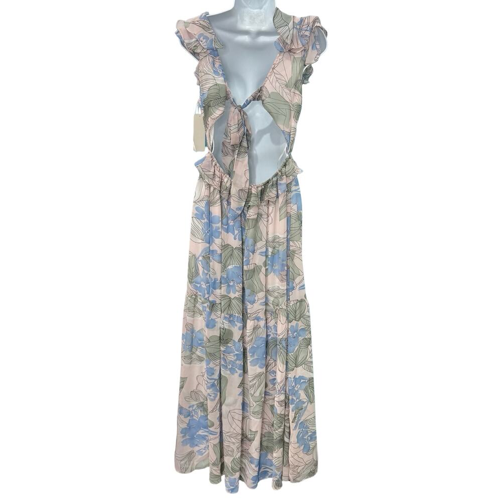 Big Water Blue Sky Pink Blue Green Floral Flutter Tie Back Maxi Dress S NEW Tags - Picture 6 of 15